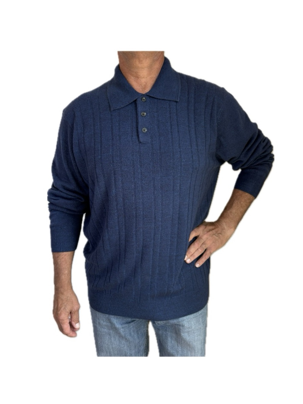 Geoffrey Beene Men’s Super Soft Navy Blue Ribbed Polo Sweater - Size L